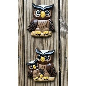 Ceramic Owl Pair Vintage Hand Painted Wall Hanging 1970’s